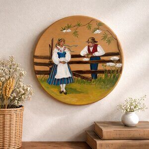Suomi Finland 1973 Signed Hand Painted Folk Art Wooden Plate Nordic Decor VTG